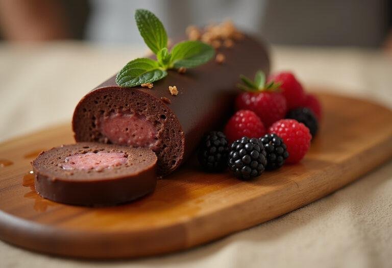Saucisson au chocolat tranché présenté sur une planche en bois avec des baies fraßches pour la recette saucisson au chocolat.