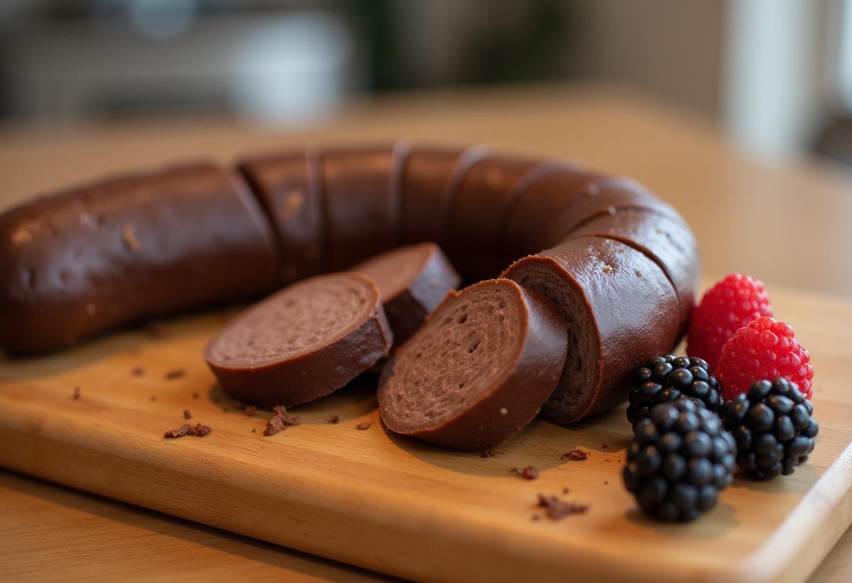 Saucisson au chocolat tranché présenté sur une planche en bois avec des baies fraßches pour la recette saucisson au chocolat.