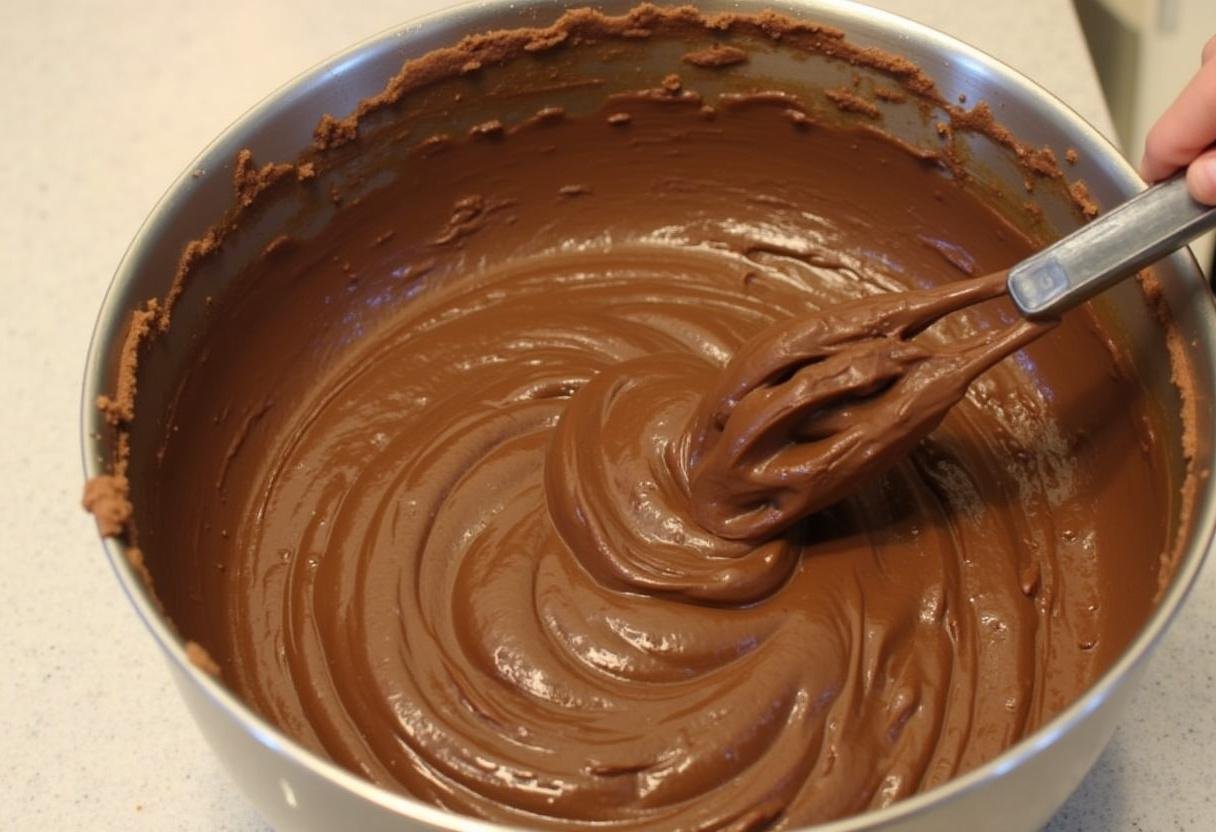 Mélange de biscuits écrasés et de chocolat fondu pour la recette saucisson au chocolat.