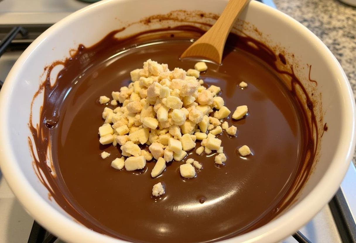 Incorporation de noix hachées dans le mélange de chocolat pour la recette saucisson au chocolat.