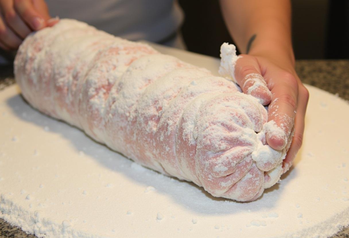 Enrobage du rouleau de chocolat dans le sucre glace pour la recette saucisson au chocolat.