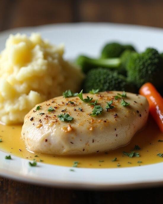 Un plat de poulet au vin blanc magnifiquement présenté, mettant en valeur la cuisine française avec des accompagnements.