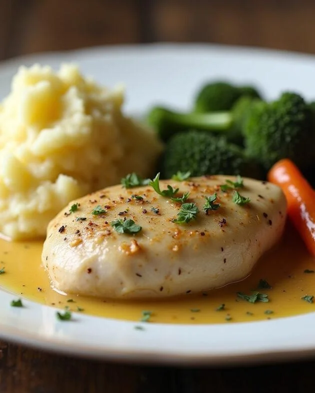 Un plat de poulet au vin blanc magnifiquement présenté, mettant en valeur la cuisine française avec des accompagnements.