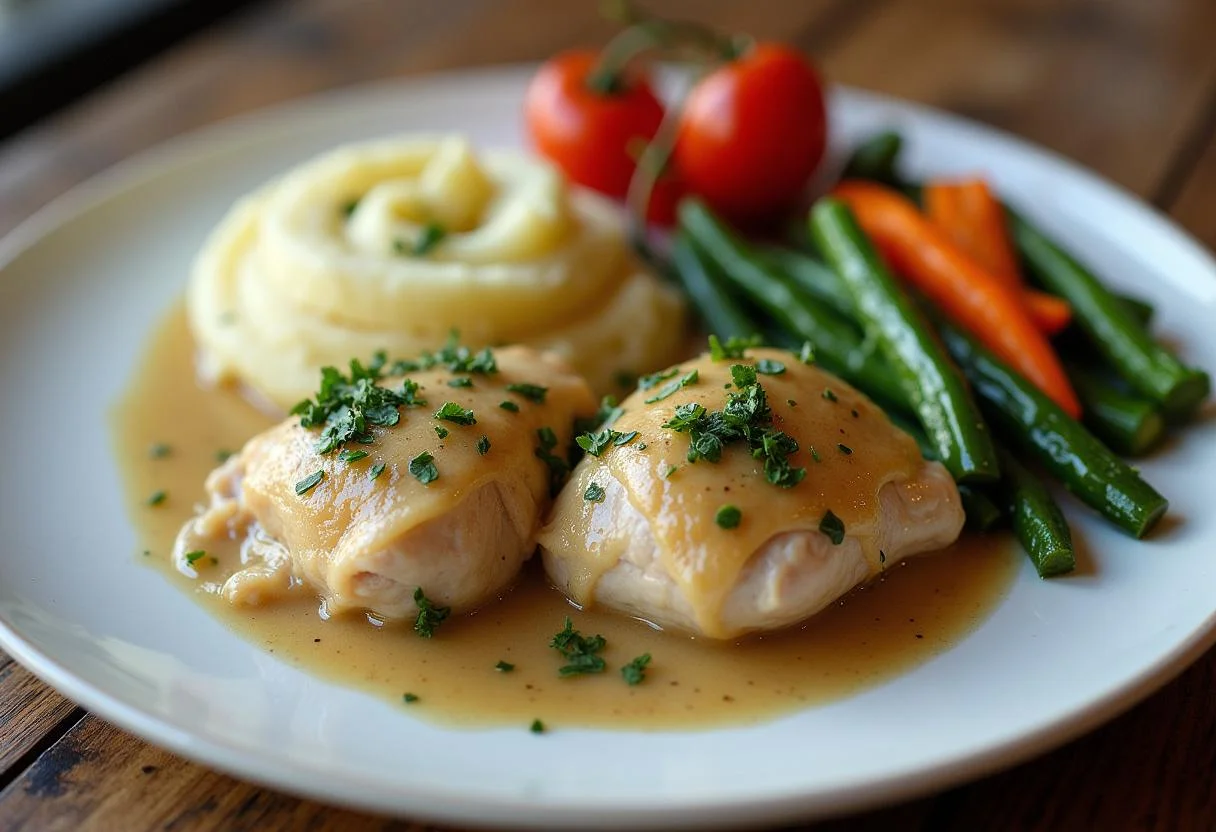 Un plat de poulet au vin blanc magnifiquement présenté, mettant en valeur la cuisine française avec des accompagnements.