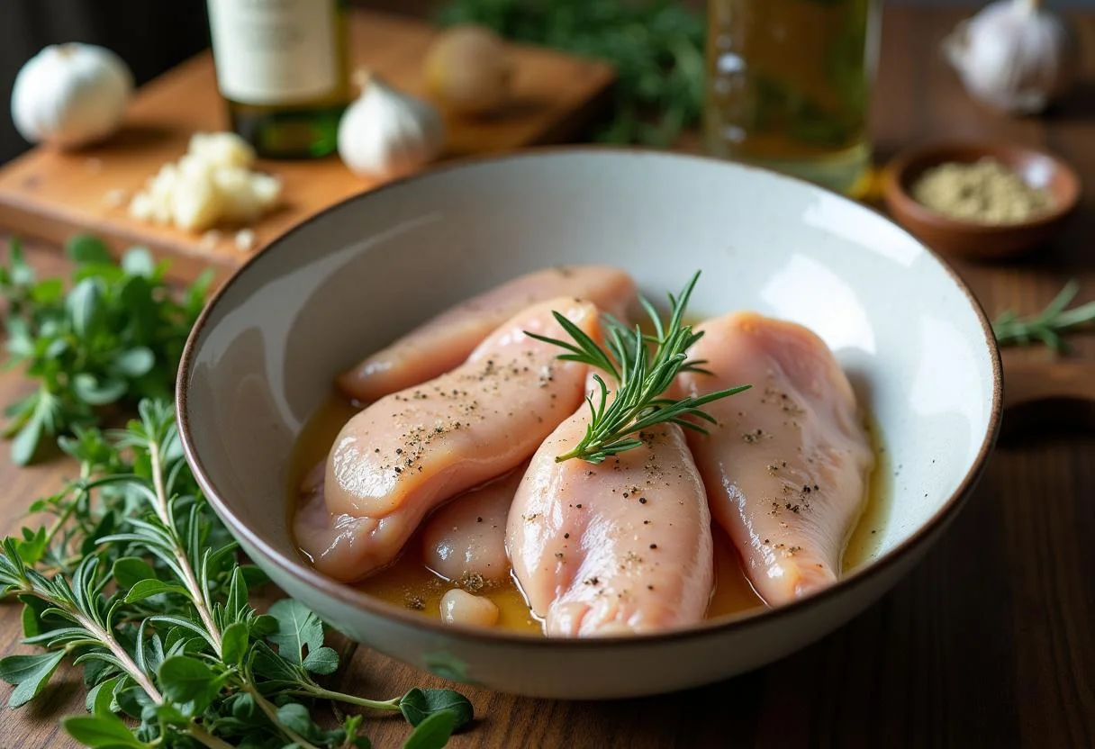 Une belle présentation de morceaux de poulet assaisonnés avec des herbes fraßches préparant un poulet au vin blanc.