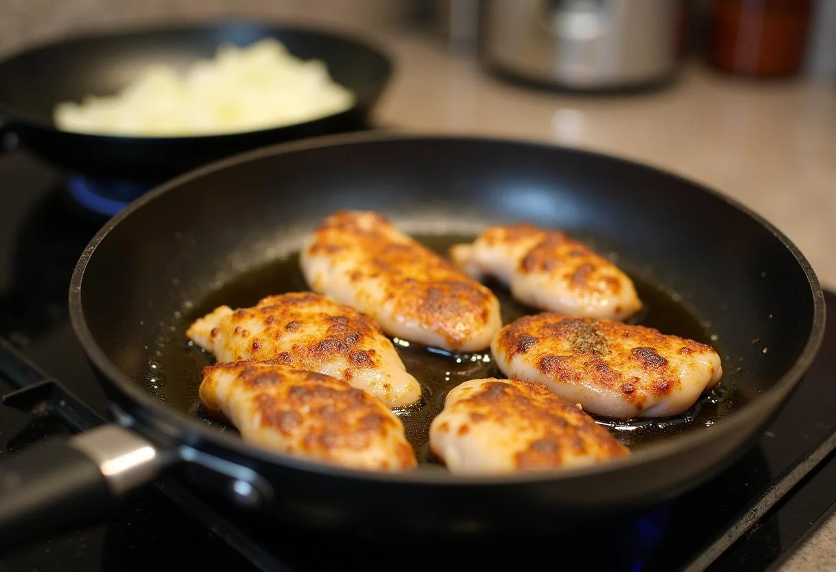 Des morceaux de poulet dorĂ©s dans une poĂȘle, reprĂ©sentant une Ă©tape clĂ© de la recette de poulet au vin blanc.