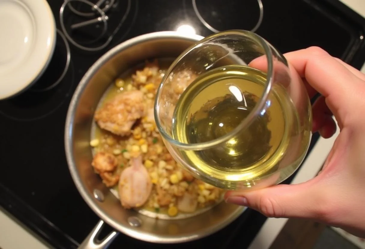 Ajout de vin blanc dans une casserole, une étape essentielle dans la recette du poulet au vin blanc.