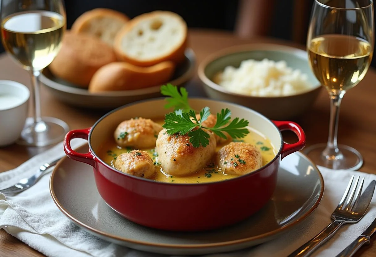 Un pot de poulet au vin blanc bien présenté sur une table, illustrant l'aspect savoureux de la recette.
