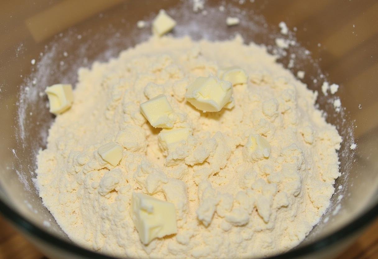 Préparation de la pùte feuilletée pour la tarte aux poireaux, mélange de farine et de beurre dans un bol.