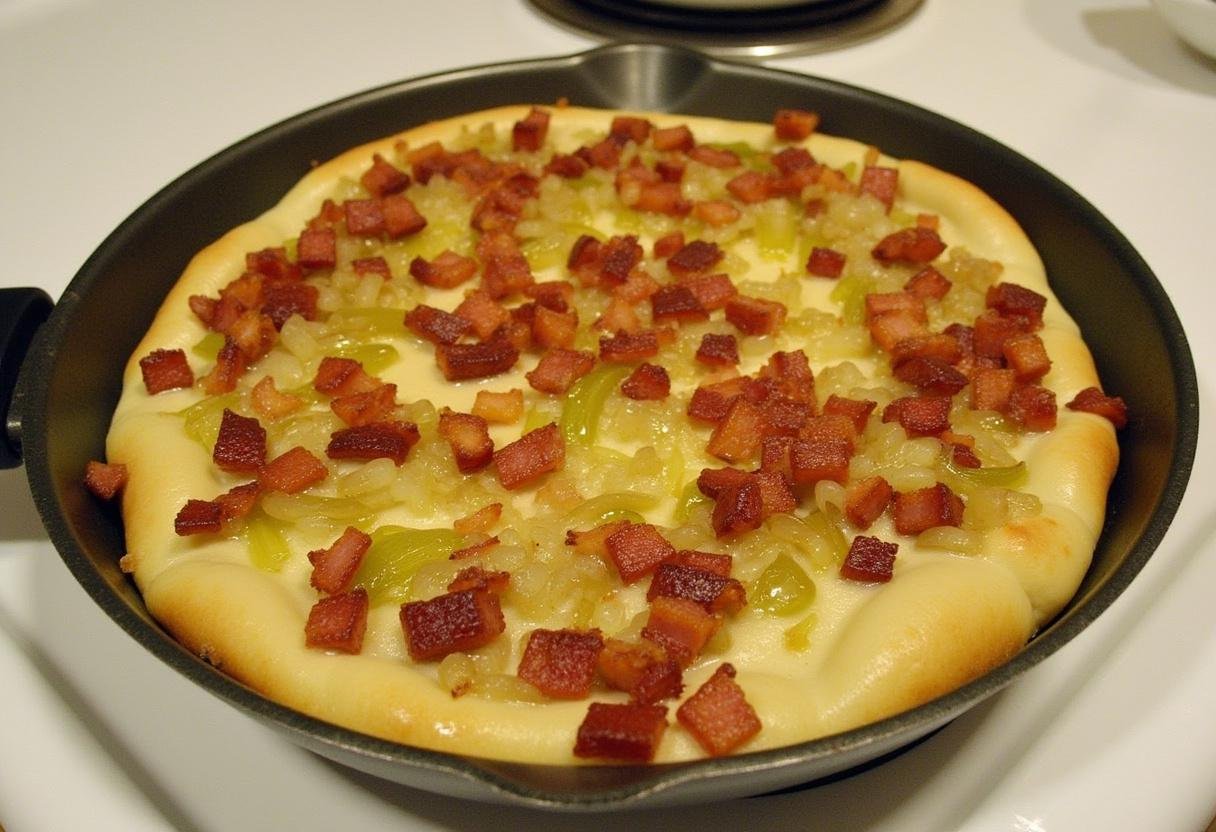 Cuisson des lardons croustillants et des poireaux dans une poĂȘle, prĂ©paration des garnitures pour la tarte aux poireaux.