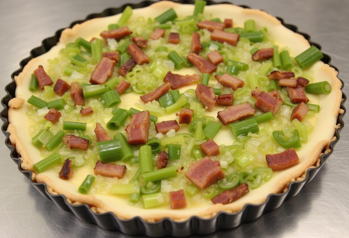 Assemblage de la tarte avec la pùte feuilletée, le mélange de poireaux et de lardons dans un moule à tarte.