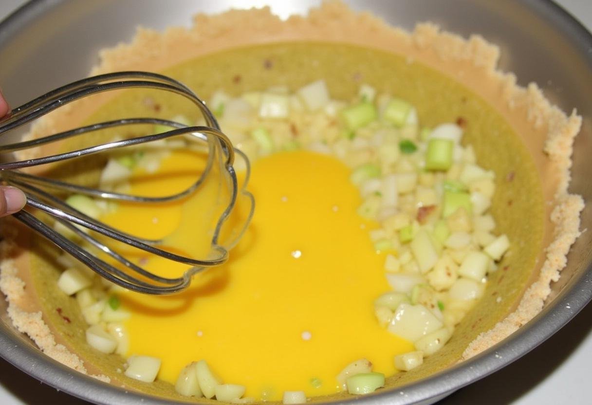 PrĂ©paration de la garniture avec des Ćufs et de la crĂšme, versĂ©e sur la tarte aux poireaux avant la cuisson.