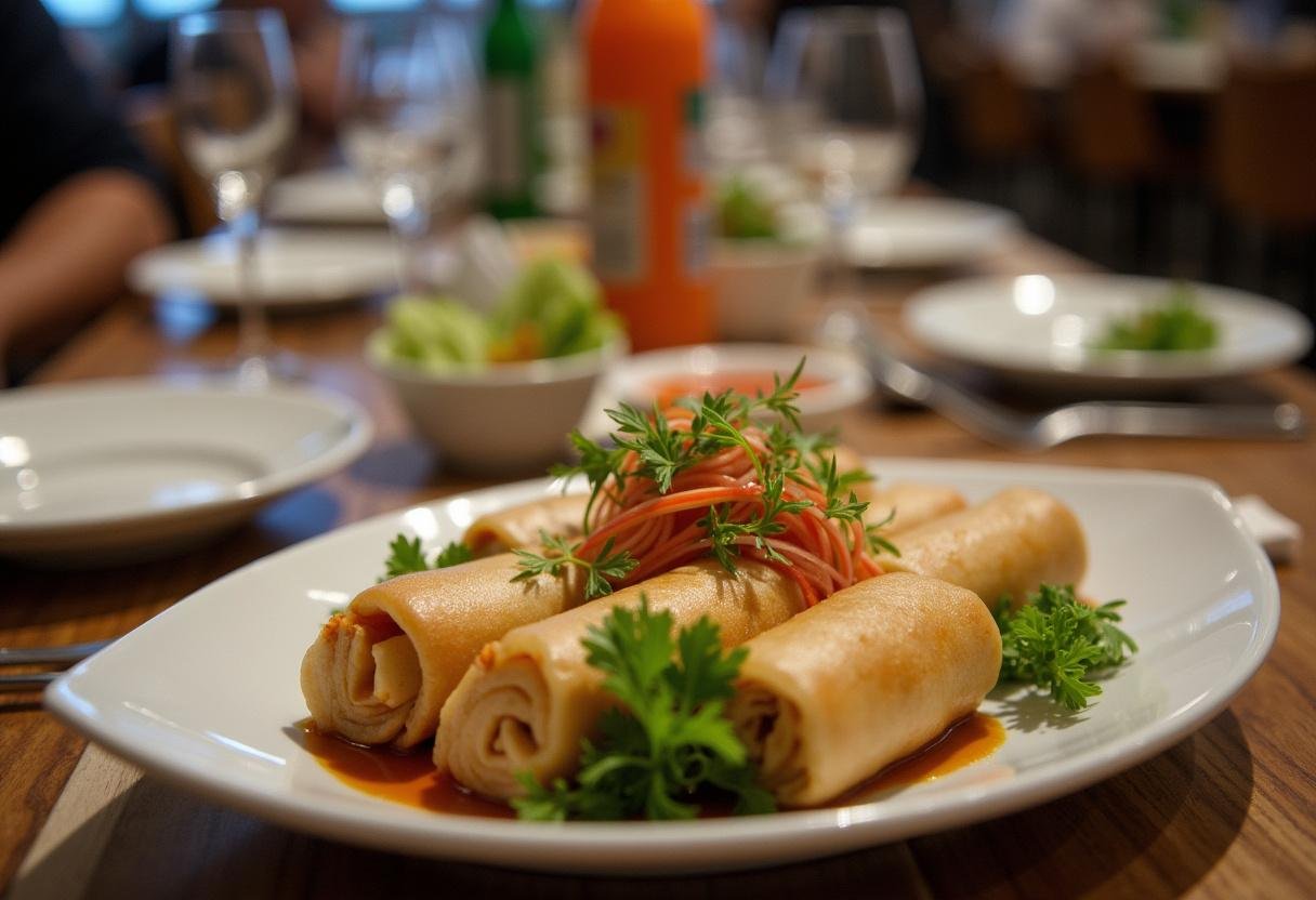 Une table de dßner accueillante avec des rouleaux de printemps fraßchement préparés, mettant en avant une recette facile avec feuilles de riz.