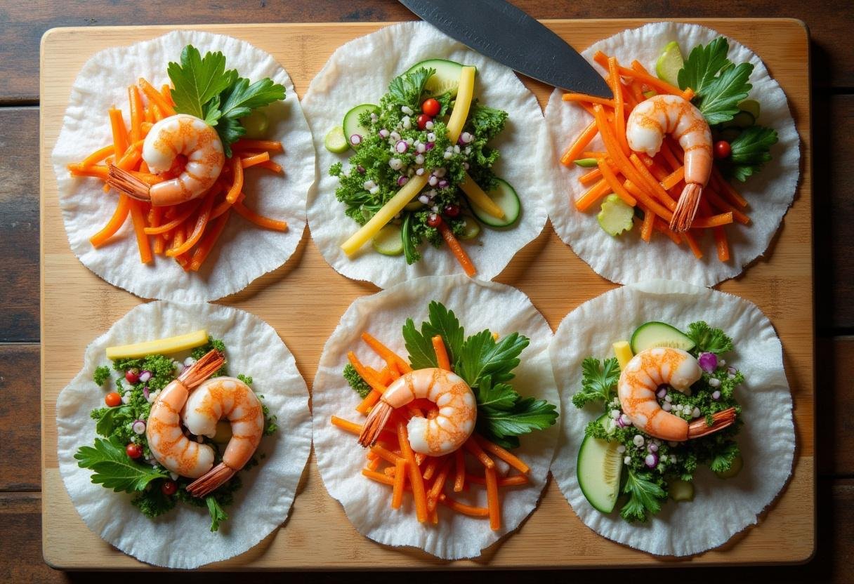 Plan de dessus des feuilles de riz prĂȘtes Ă ĂȘtre remplies de lĂ©gumes et de crevettes, mettant en avant une recette avec galette de riz.