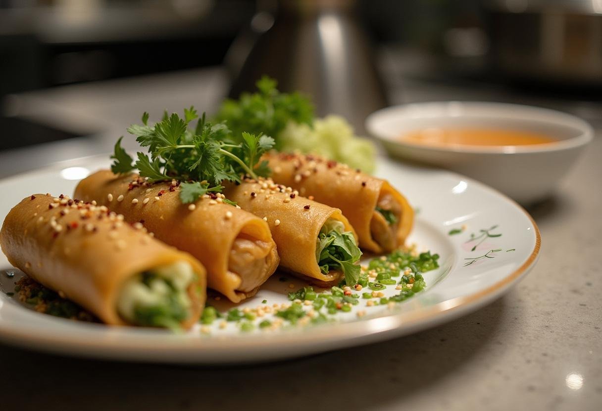 Une assiette de rouleaux de printemps colorés accompagnée de sauce aux cacahuÚtes, mettant en valeur l'utilisation du papier de riz.
