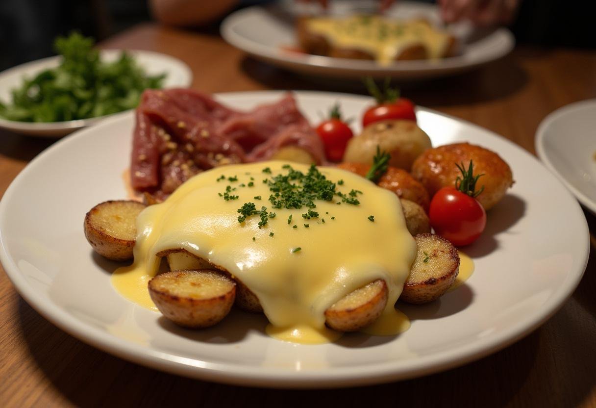Assiette savoureuse de raclette fondue servie avec des légumes et viandes, parfaite pour partager, recette raclette.