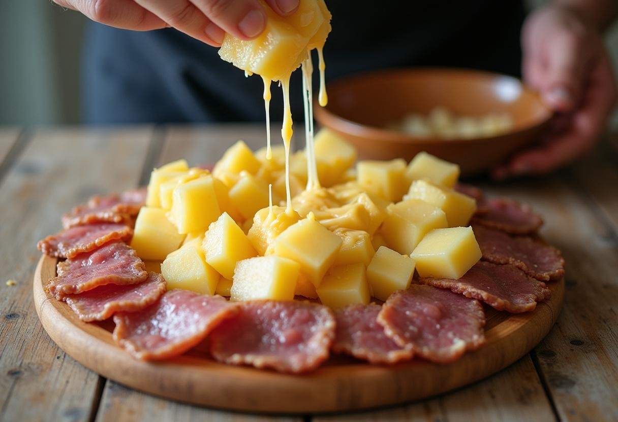 Disposition de pommes de terre et viandes avec fromage à raclette fondu, idées de repas riches en fromage.