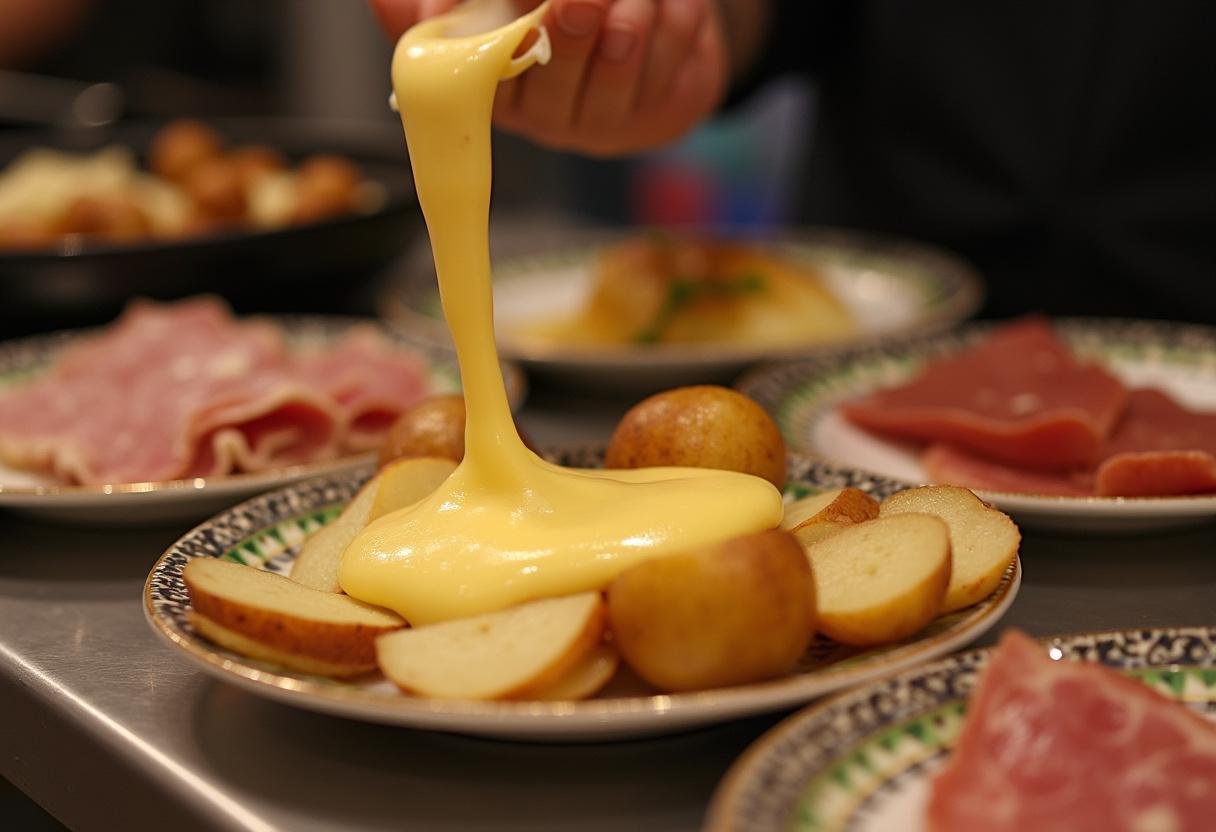Service du fromage à raclette sur des plats de légumes et viandes, recette fromage inspirée de l'art culinaire.