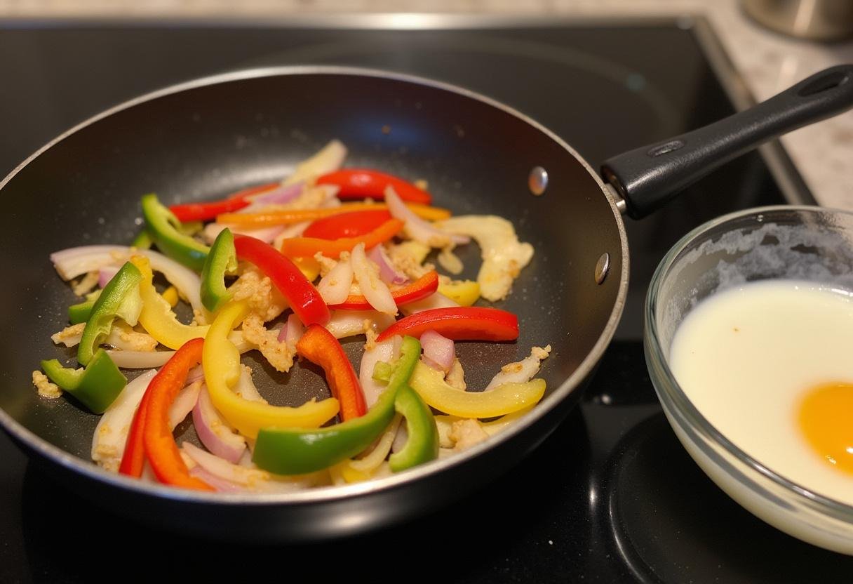 Sauté de légumes pour recettes quiches salées, comme des oignons et poivrons, avec un mélange d'œufs et de crème à proximité.