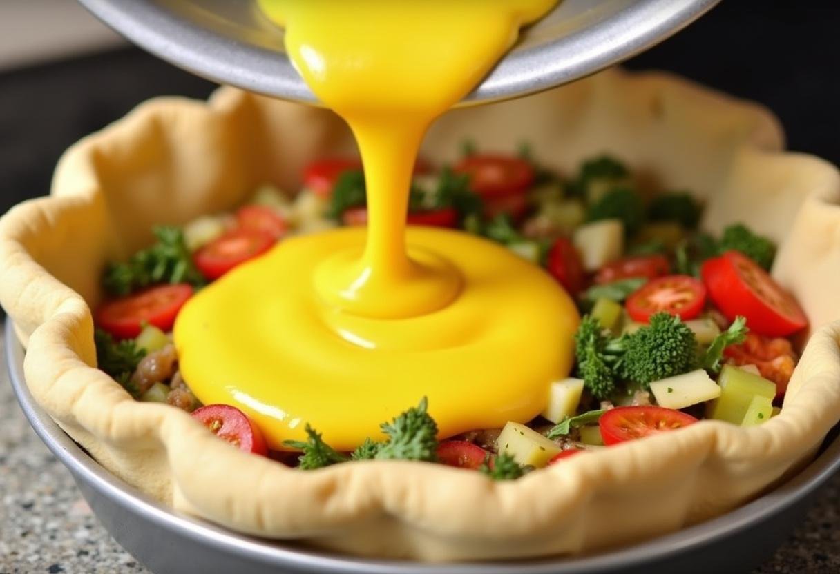 Remplissage de la croûte de quiche avec des légumes sautés et la préparation d'œufs, typique des recettes quiches salées.