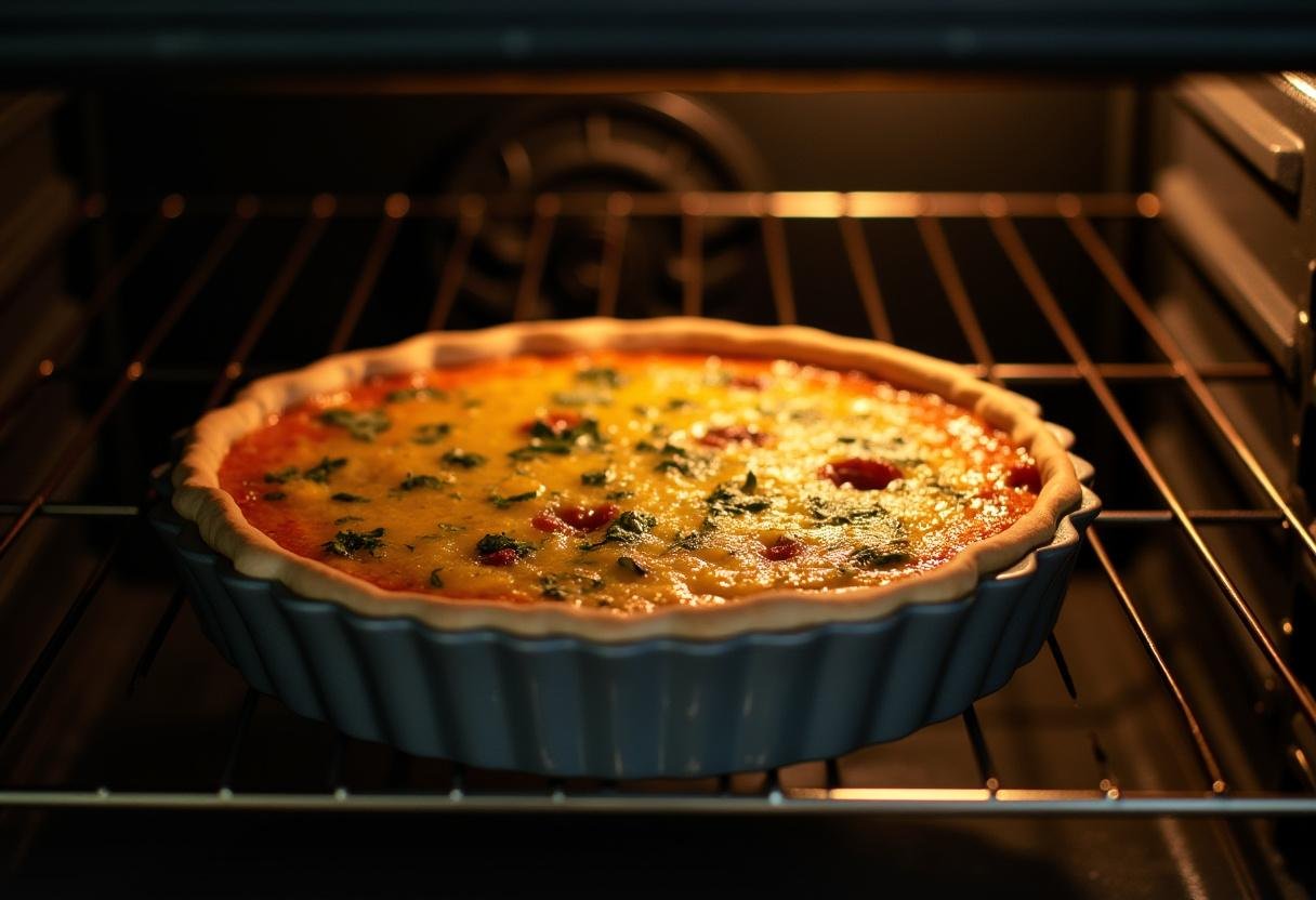 Mise au four de la quiche, une étape cruciale dans les recettes quiches salées, pour bien cuire la garniture.
