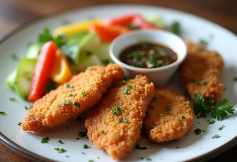 Assiette d'aiguillettes de poulet croustillantes avec une sauce à tremper et des légumes colorés, mettant en avant des recettes poulet air fryer délicieuses.