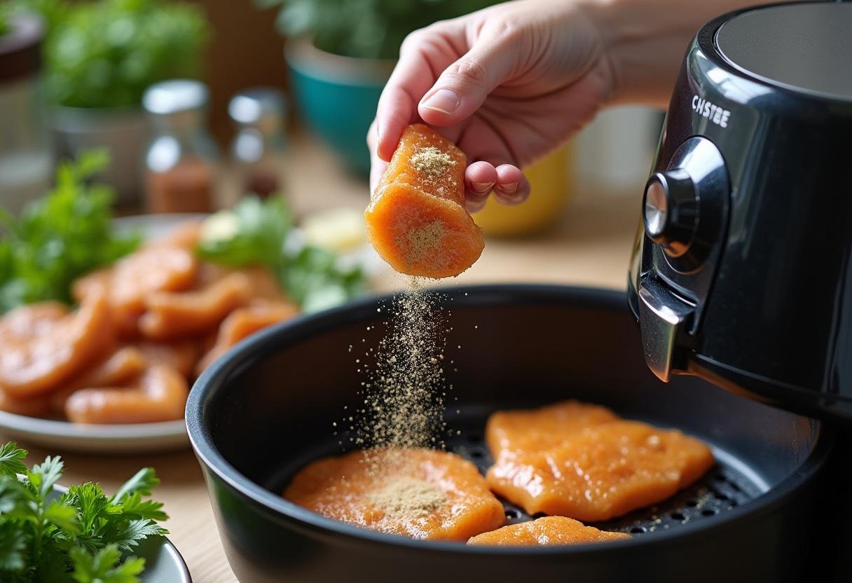 Préparation d'aiguillettes de poulet assaisonnées dans une cuisine ensoleillée, illustrant des recettes poulet air fryer avec des herbes fraßches.