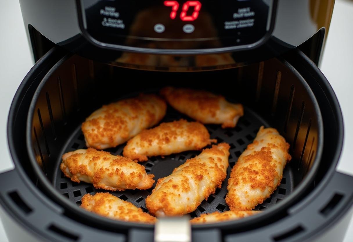 Aiguillettes de poulet prĂȘtes Ă ĂȘtre cuisinĂ©es dans un panier d'air fryer, soulignant des recettes poulet air fryer dans une cuisine moderne.