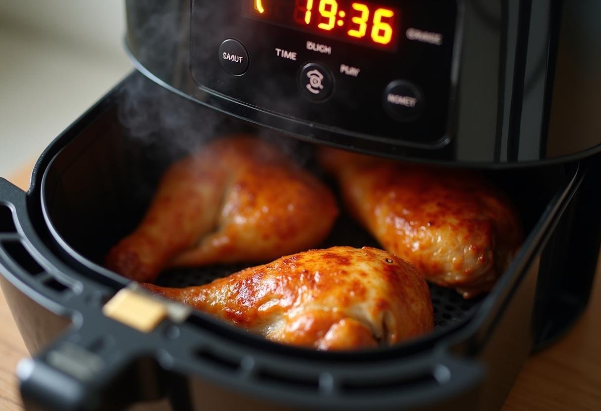 Un air fryer en marche, mettant en avant des recettes poulet air fryer en train de cuire, avec des aiguillettes dorées et croustillantes à l'intérieur.