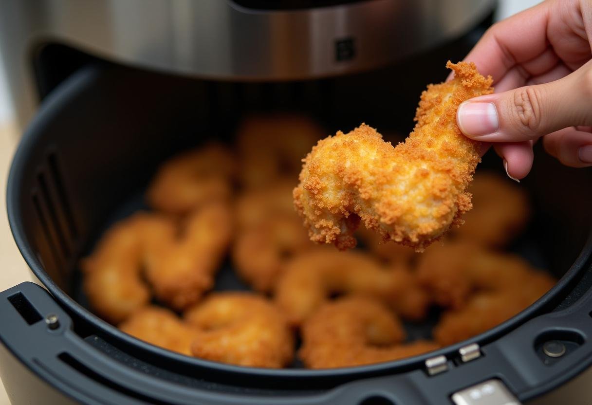 Retrait d'aiguillettes de poulet croustillantes de l'air fryer, illustrant visuellement les recettes poulet air fryer.