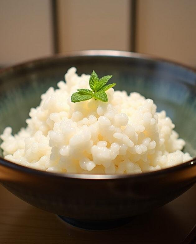 Un plat joliment présenté de riz japonais moelleux servi dans un bol traditionnel sur une table en bois, avec des baguettes à côté. Le fond présente une décoration japonaise minimaliste.