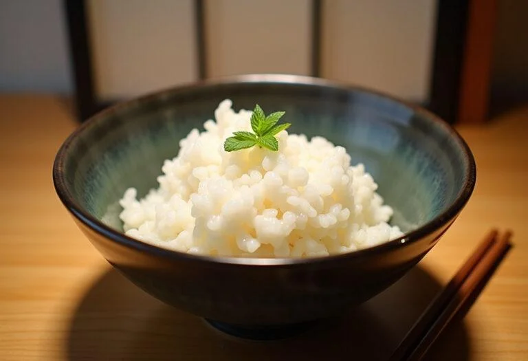 Un plat joliment présenté de riz japonais moelleux servi dans un bol traditionnel sur une table en bois, avec des baguettes à cÎté. Le fond présente une décoration japonaise minimaliste.
