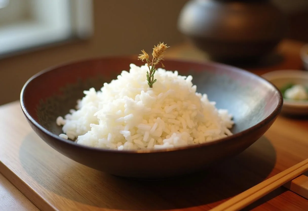Un plat joliment présenté de riz japonais moelleux servi dans un bol traditionnel sur une table en bois, avec des baguettes à cÎté. Le fond présente une décoration japonaise minimaliste.
