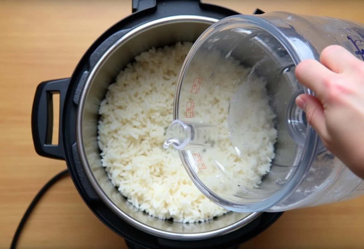 Une vue aérienne du cuiseur à riz ouvert, montrant le riz rincé à l'intérieur, avec une main versant de l'eau d'une jolie carafe. Une balance de cuisine est visible.
