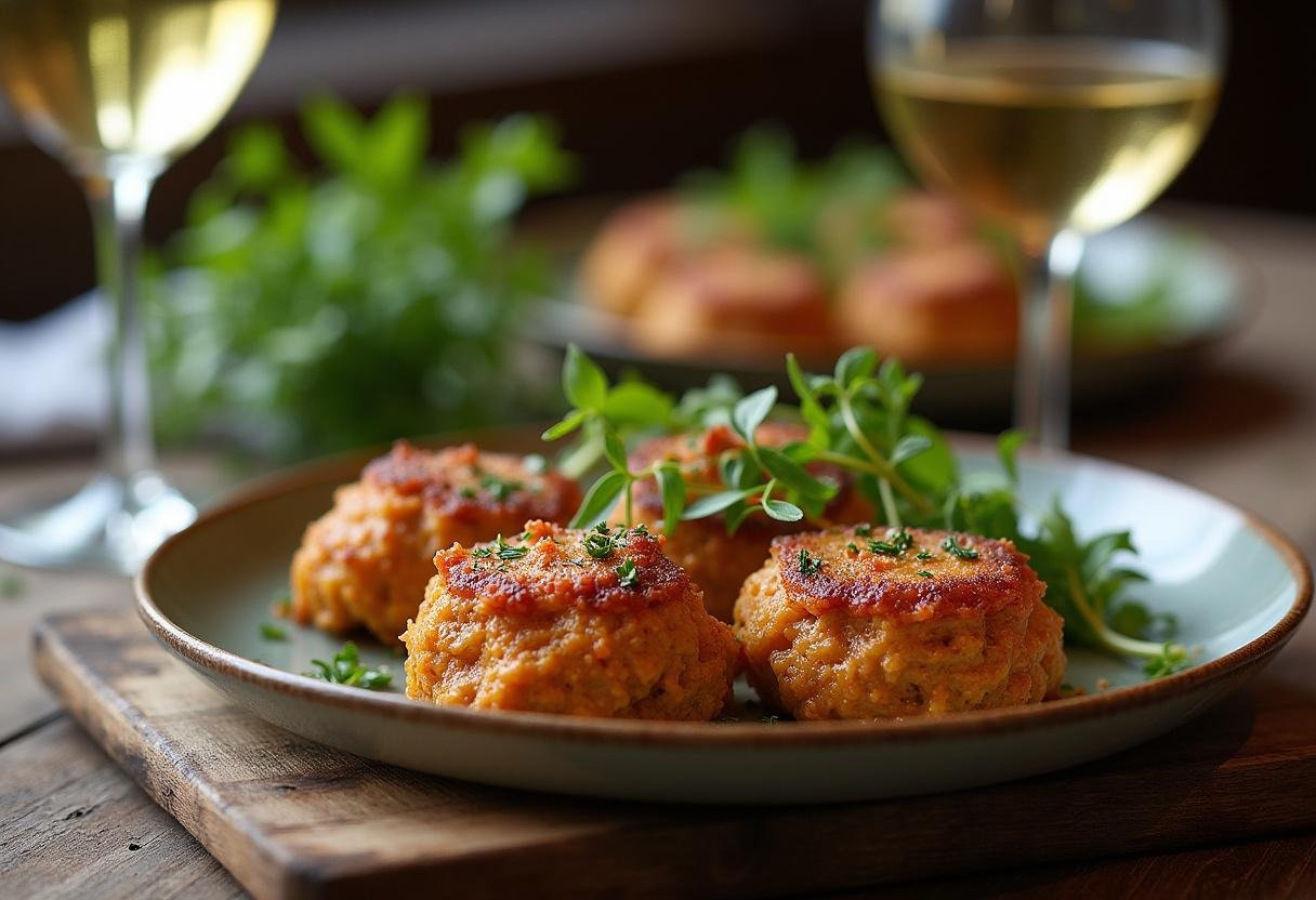 Rillettes de poulet finies, prêtes à être servies avec du vin blanc et des herbes fraîches.