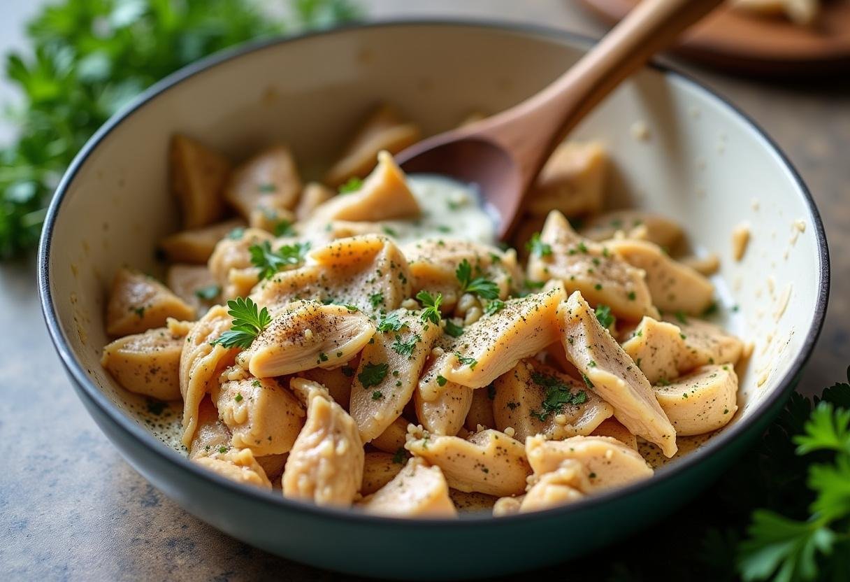 Préparation des rillettes de poulet avec du poulet effiloché et des herbes fraîches.