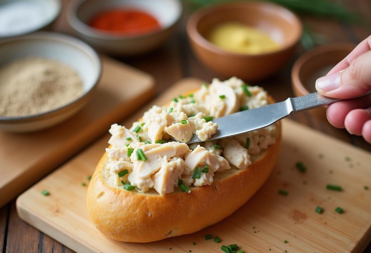 Tartinage des rillettes de poulet sur une baguette grillée.
