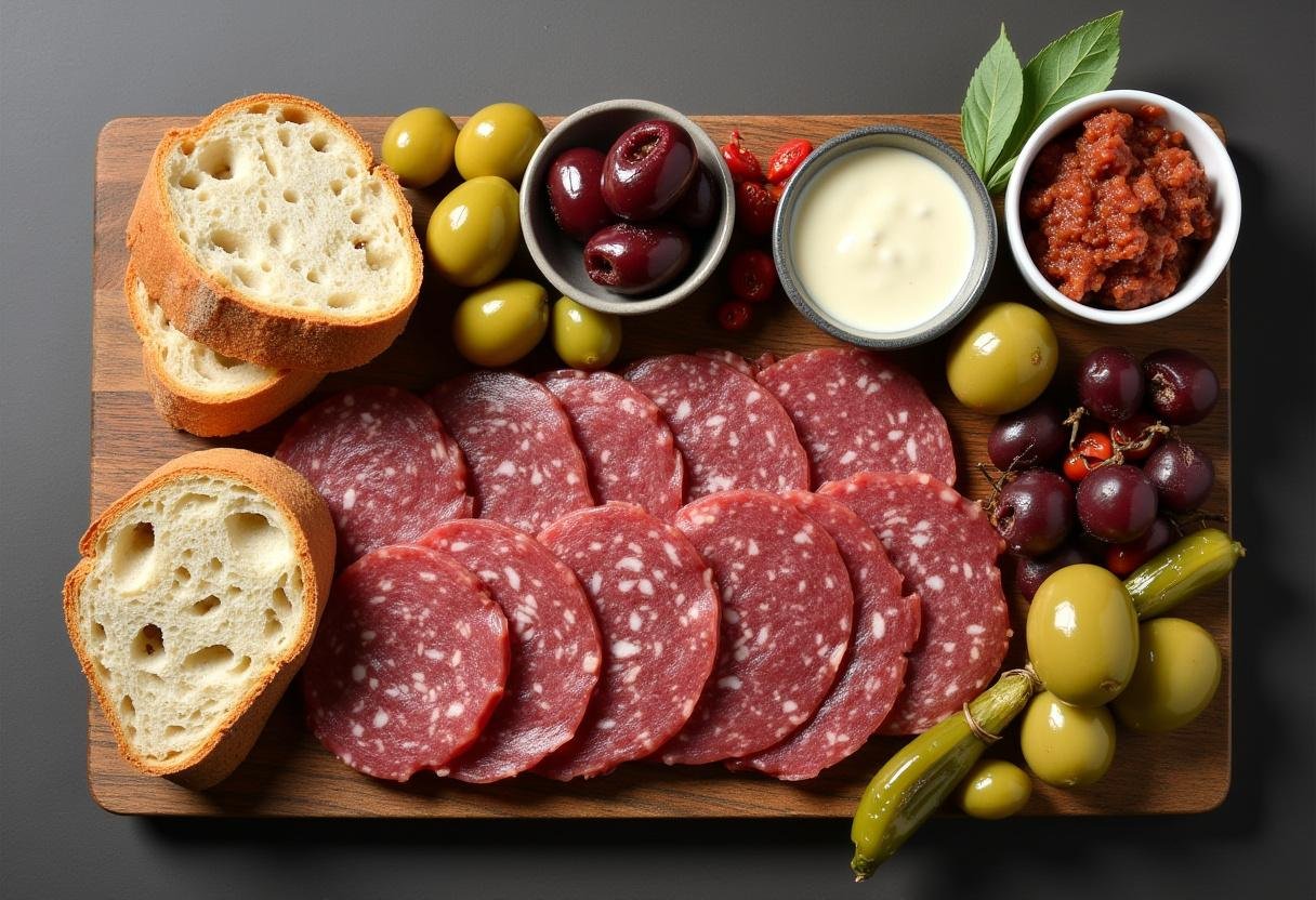 Planche de charcuterie avec rillettes de poulet, pain et cornichons.