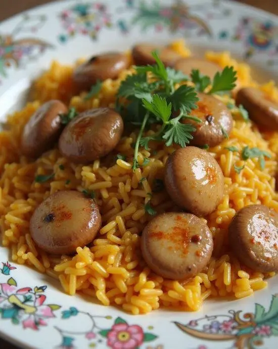 Un plat de riz libanais aux vermicelles grillés, joliment garni d'herbes fraîches, offrant une présentation appétissante et colorée.