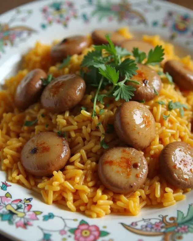 Un plat de riz libanais aux vermicelles grillés, joliment garni d'herbes fraîches, offrant une présentation appétissante et colorée.