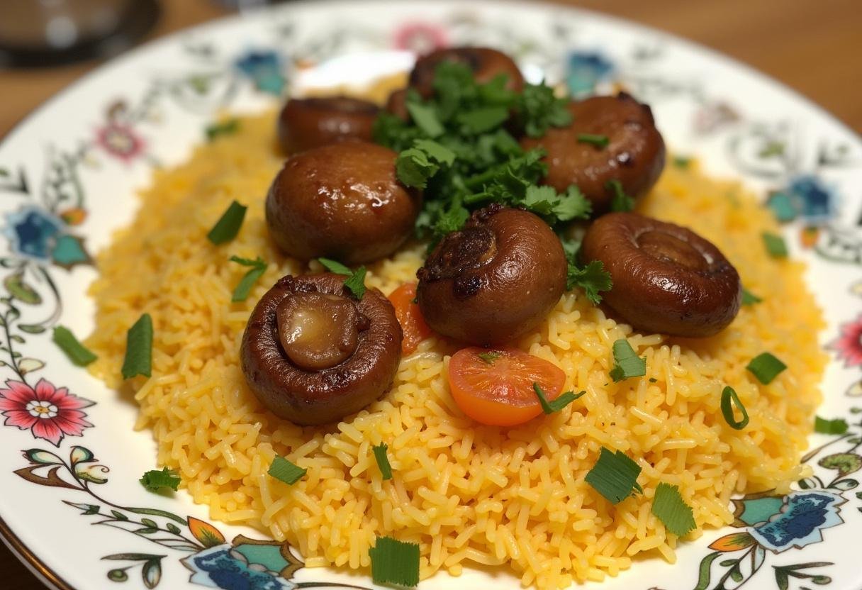 Un plat de riz libanais aux vermicelles grillés, joliment garni d'herbes fraîches, offrant une présentation appétissante et colorée.