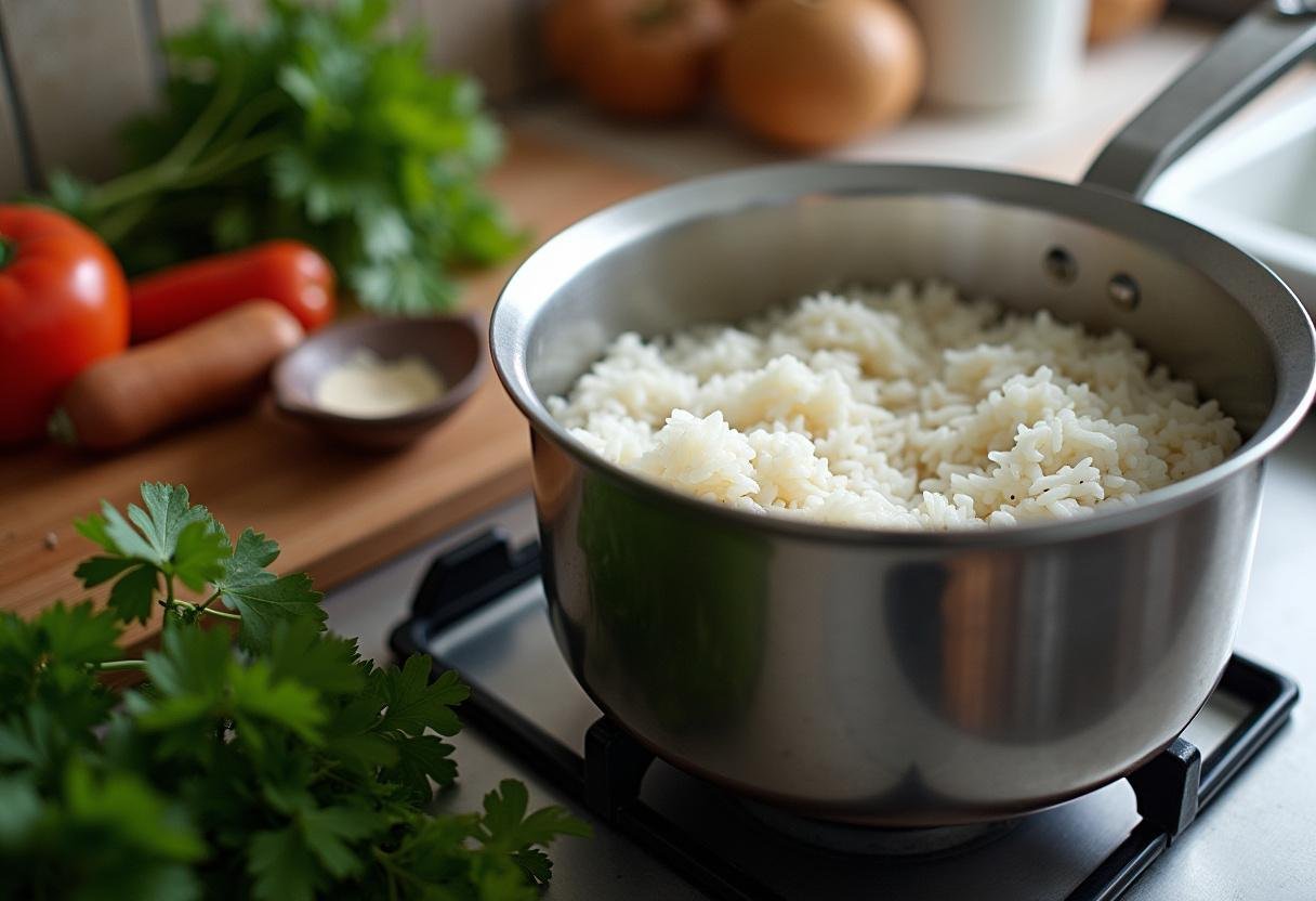 La préparation du riz libanais commence avec une casserole d'eau bouillante, des herbes fraîches et des épices sur le comptoir.
