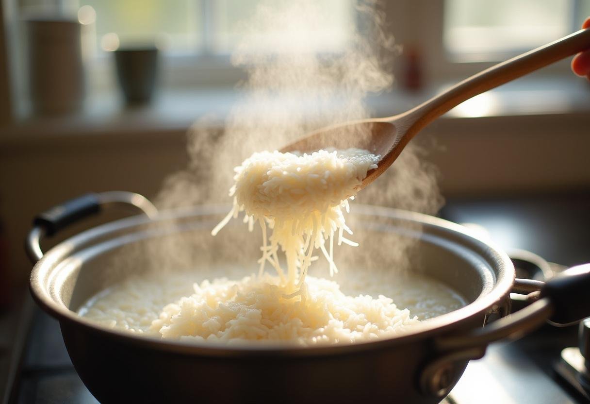 Ajout du riz dans l'eau bouillante, une cuillère en bois remuant doucement dans une cuisine lumineuse.