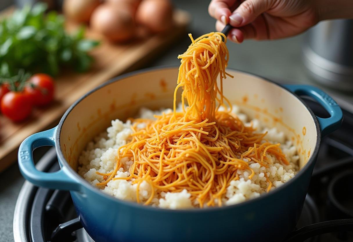 Mélange des vermicelles grillés dans le riz cuit, créant une harmonie de saveurs dans une cuisine pleine de vie.