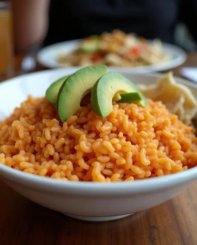 Bol de riz à la mexicaine rempli, sur une table de dîner, avec des tranches d'avocat et des haricots en accompagnement.