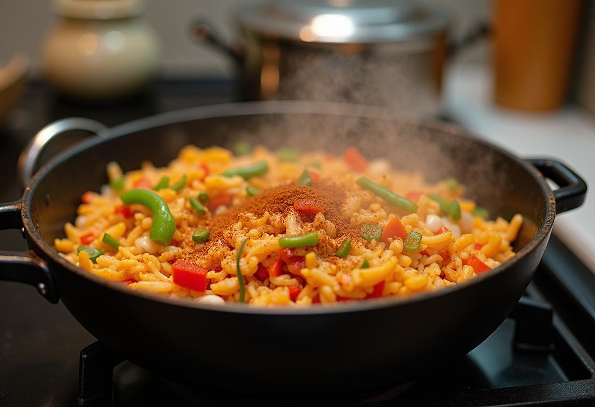 Préparation d'un riz à la mexicaine avec des poivrons colorés et des oignons dans une cuisine chaleureuse.