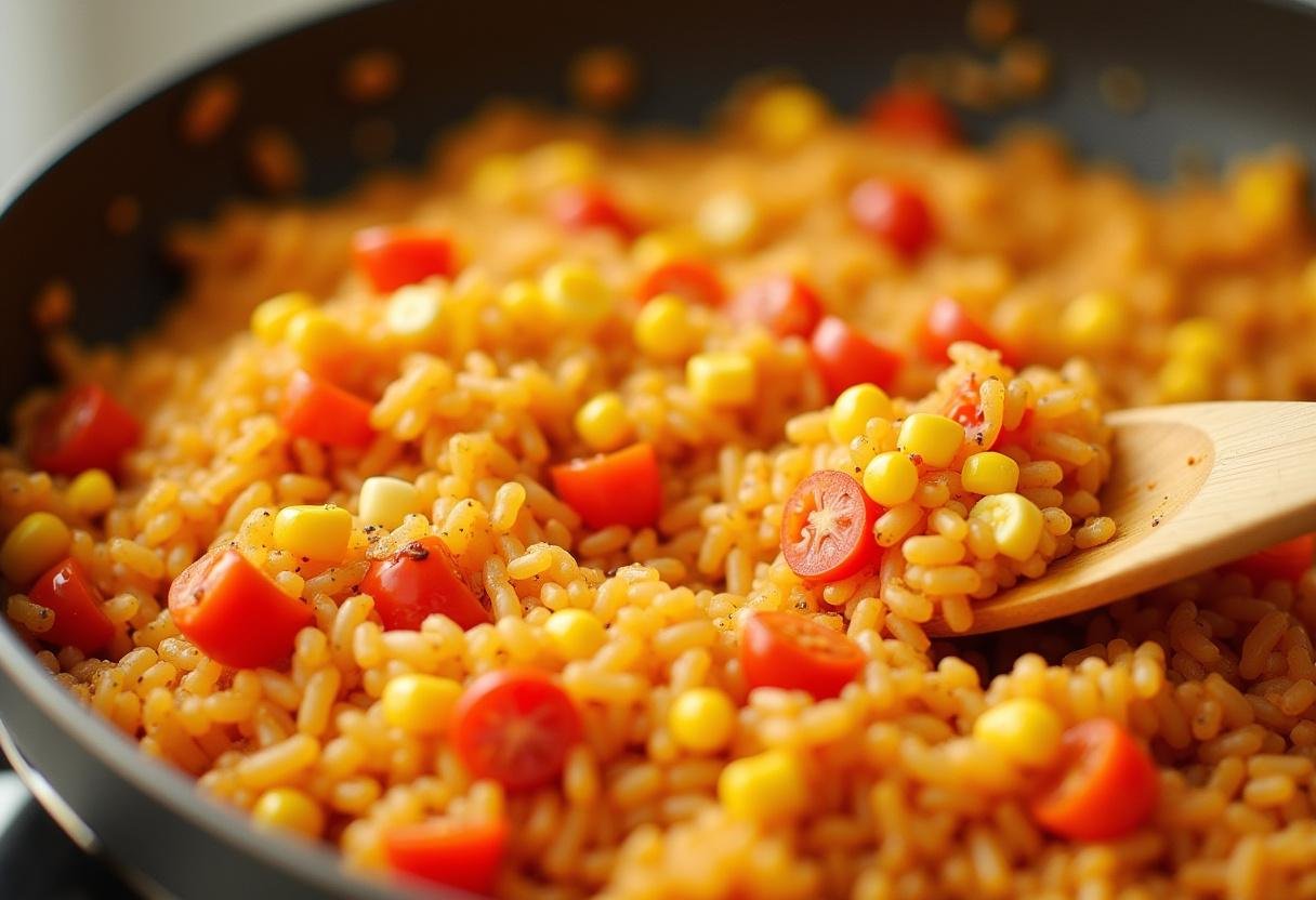 Riz à la mexicaine en train de mijoter avec des tomates et du maïs, une belle combinaison de couleurs.