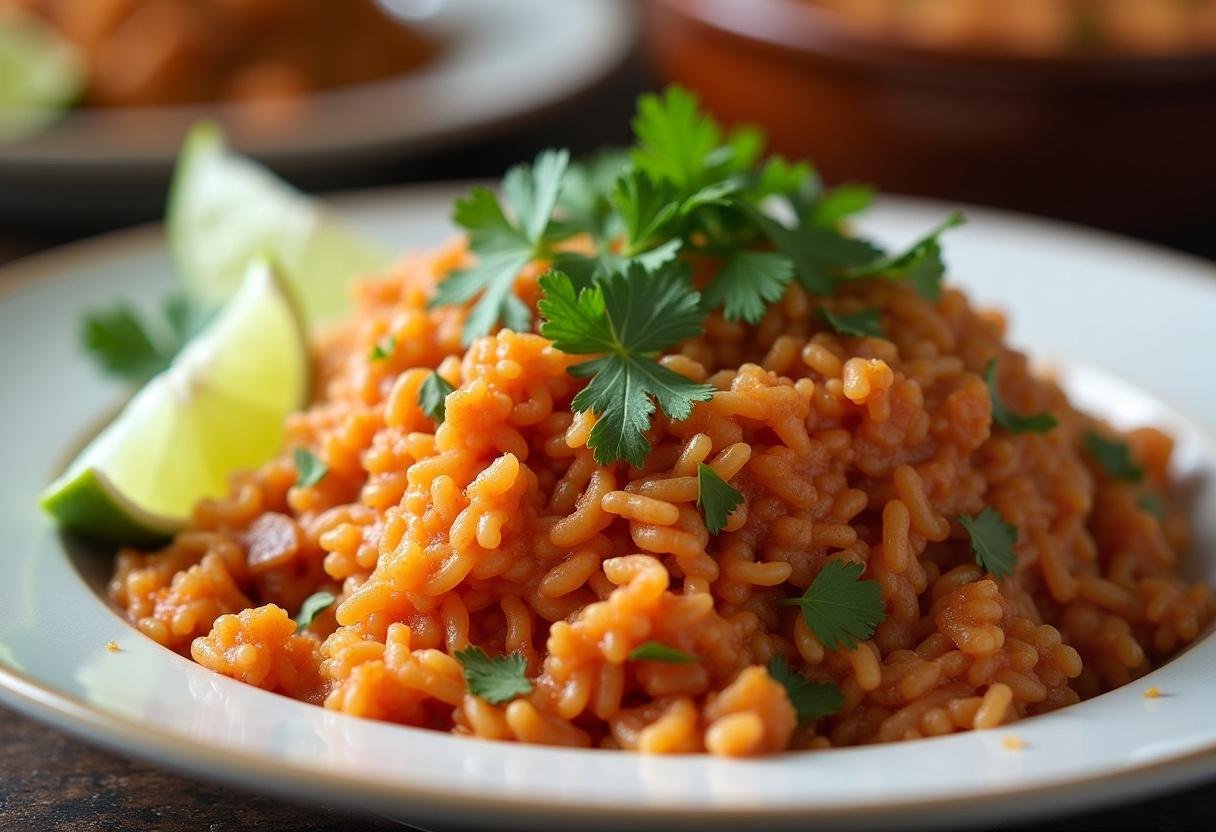 Riz à la mexicaine épicé et coloré dressé dans une assiette, décoré de coriandre fraîche et quartiers de citron vert.