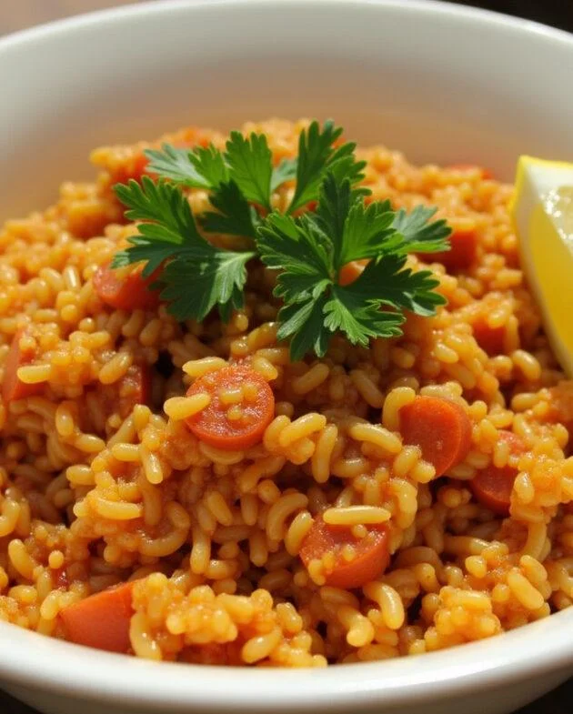 Présentation du riz au chorizo simple et rapide, garni de persil frais avec un quartier de citron.