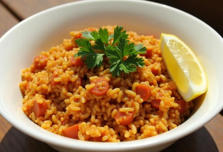 Présentation du riz au chorizo simple et rapide, garni de persil frais avec un quartier de citron.